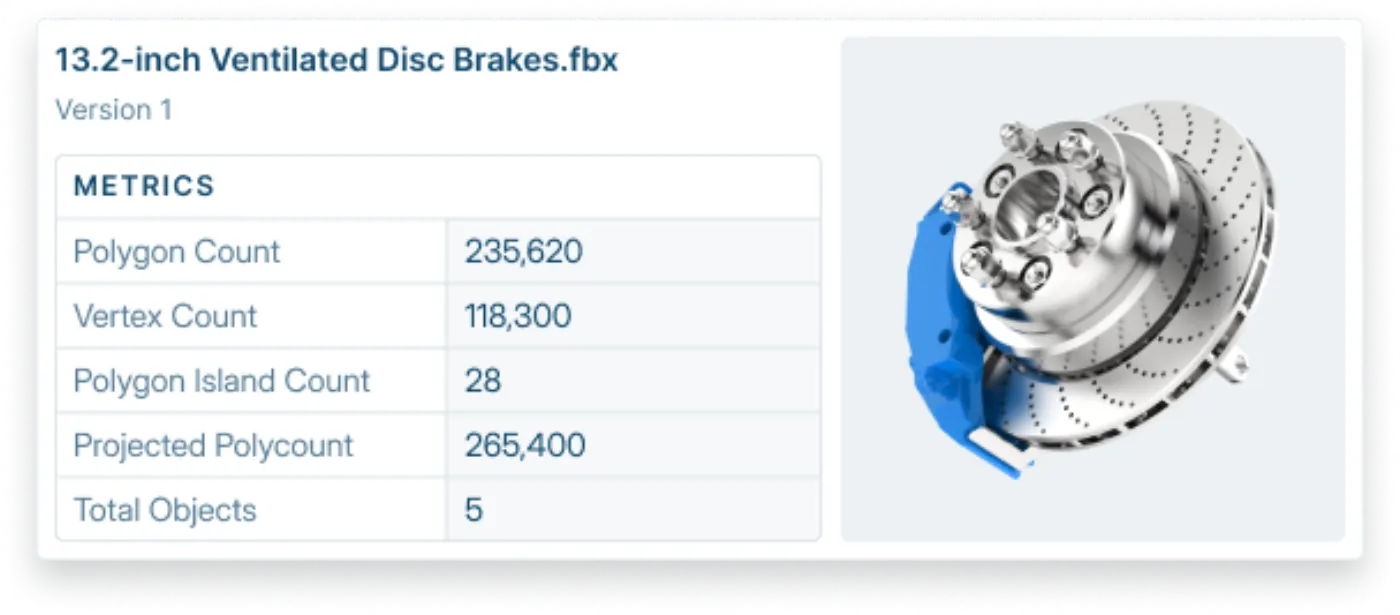 SolidMachine reduction report for a brake disc: polygon, vertex and object counts